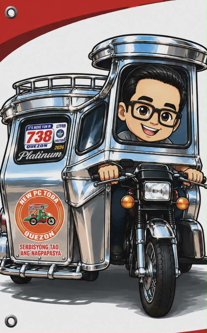 Kuya Wally at the handlebars of his chrome tricycle, body number 738